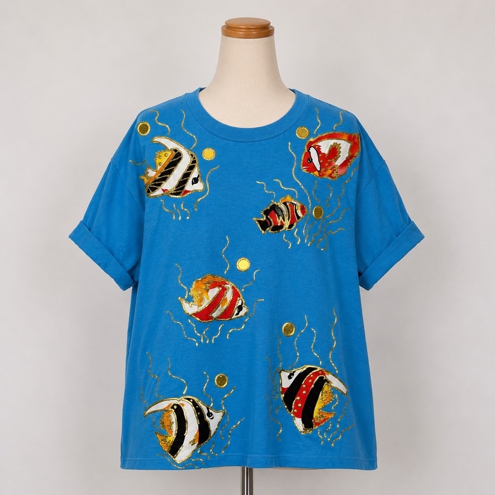 Vintage Jerzees Super T Tropical‎ Fish Puffy Paint Glitter T-Shirt XL Blue 90s